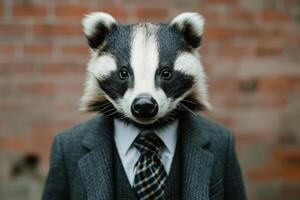 Imposing Anthropomorphic badger wearing business manager suit. Generate ai photo