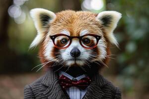 Enchanting Anthropomorphic red panda dressed suit. Generate Ai photo
