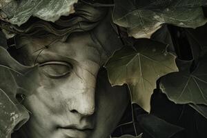 Timeless Ancient statue autumn leaves. Generate Ai photo