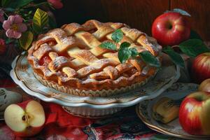Homemade apple pie on rustic table photo