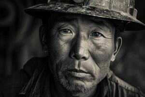 Tireless Asian miner face worker. Generate Ai photo