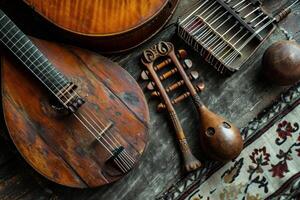 Valuable Authentic musical instruments collection. Generate ai photo