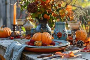 Autumn harvest thanksgiving table setting photo