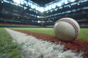 Close-up of baseball on field with stadium in background photo