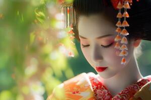Mysterious Red geisha. Generate Ai photo