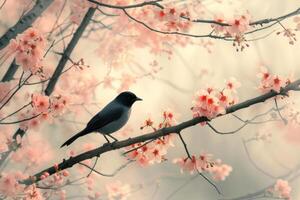 Delicate Small bird on tree branch with flowers. Generate ai photo