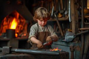 Industrious Blacksmith child forge. Generate Ai photo