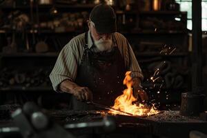Strenuous Blacksmith old man work forge. Generate Ai photo