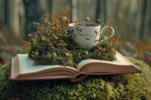 Open book with a whimsical teacup atop in a mossy, fairy-tale forest setting photo