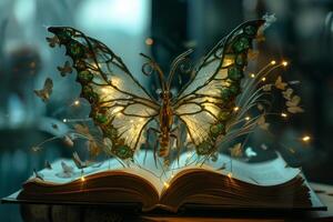 Magical open book with glowing butterfly wings and tiny flying butterflies photo
