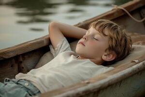 Serene child napping in boat at dusk photo