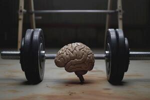 Mental strength concept with brain and weights photo