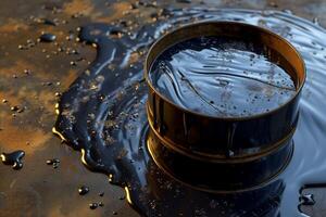 Oil drum spill on industrial surface at twilight photo