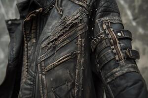 Close-up of a textured leather jacket with zippers photo