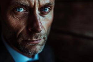 Intense gaze - close-up of a man with piercing blue eyes photo