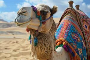 Smiling camel in desert with colorful saddle photo
