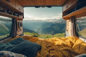 Van life with scenic mountain view photo