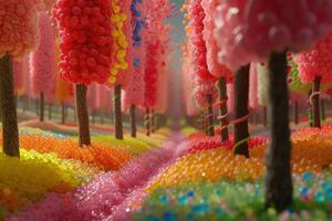 Surreal candy land with vibrant, multicolored jelly bean paths and gummy trees photo