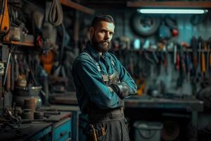Portrait of a bearded artisan in overalls standing with folded arms in his organized toolfilled workspace photo