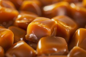 Closeup image of soft caramel candies with a glossy, tempting surface photo