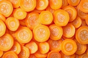 Overhead view of vibrant orange carrot slices arranged to fill the frame photo