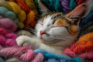 Serene cat napping amongst colorful yarn photo
