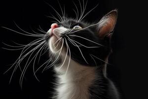 Curious tuxedo cat with whiskers on black background photo