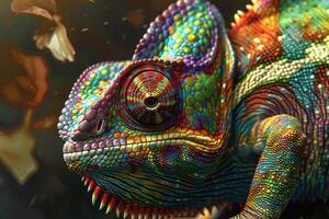 Stunning macro shot of a colorful chameleon blending into a dynamic environment photo