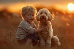 Boy and dog enjoying sunset in the field photo