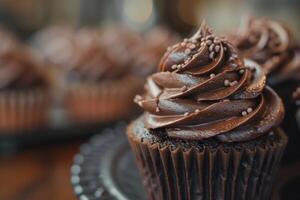 Decadent chocolate cupcakes with frosting photo