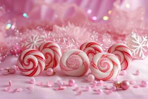 Festive candy canes with sparkling pink background photo