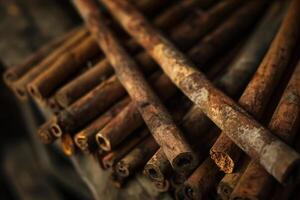 Closeup of assorted cinnamon sticks on a dark wooden background for a rustic vibe photo