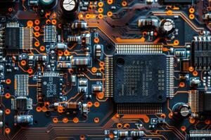 Closeup view of computer circuit board components photo