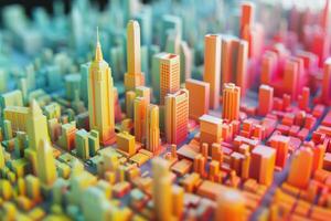 Vibrant 3dprinted city model displaying a variety of colorful buildings in miniature scale photo