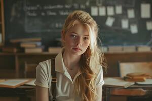 Thoughtful student in classroom setting photo