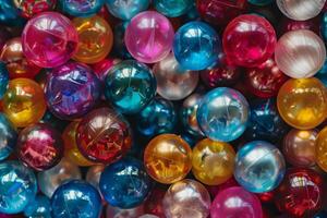 Vibrant display of multicolored gumballs, filling the frame with a glossy texture photo
