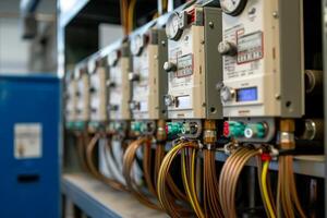 Industrial electrical control panel with wires and switches photo