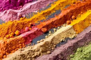 Vibrant and textured powders in an array of rainbow colors, showing a burst of hues photo