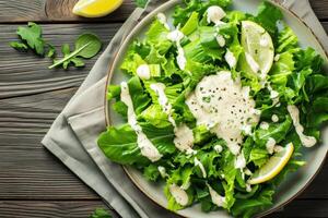 Fresh green salad with creamy dressing on wooden table photo