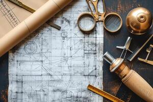 Architectural blueprint and drafting tools on desk photo