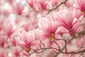 Delicate magnolia flowers in full bloom against a soft, blurred background photo