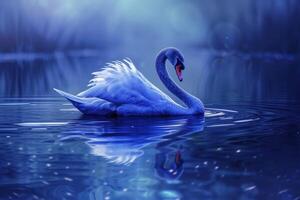 Serene swan on tranquil lake at twilight photo