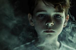 Mysterious child in hazy darkness photo
