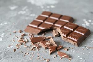 Chocolate delight - broken bar and pieces on table photo