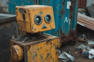 Abandoned robot with expressive face in junkyard photo