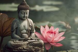Serene buddha statue with lotus flower photo