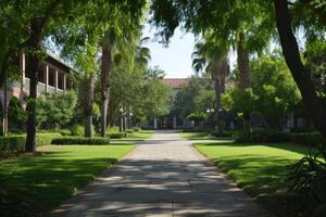 Serene university campus pathway surrounded by greenery photo