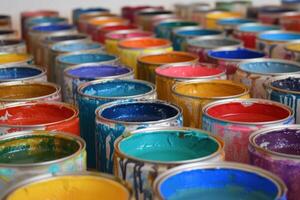 Colorful array of open paint cans photo