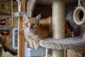 Charming ginger cat lounging on a scratching post photo