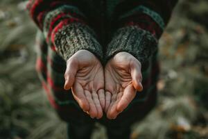 Open hands offering support in natural setting photo